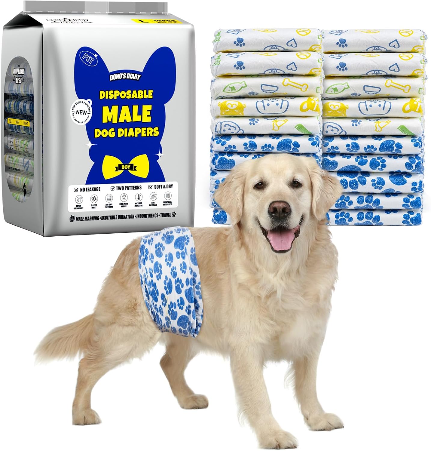 Dono Dog Diapers Male, Disposable Male Dog Wraps 10ct, Ultra Absorbent Doggie Diapers, Rapid-Dry Leak-Proof Puppy Diapers, Wetness Indicator Excitable Urination Incontinence,Large